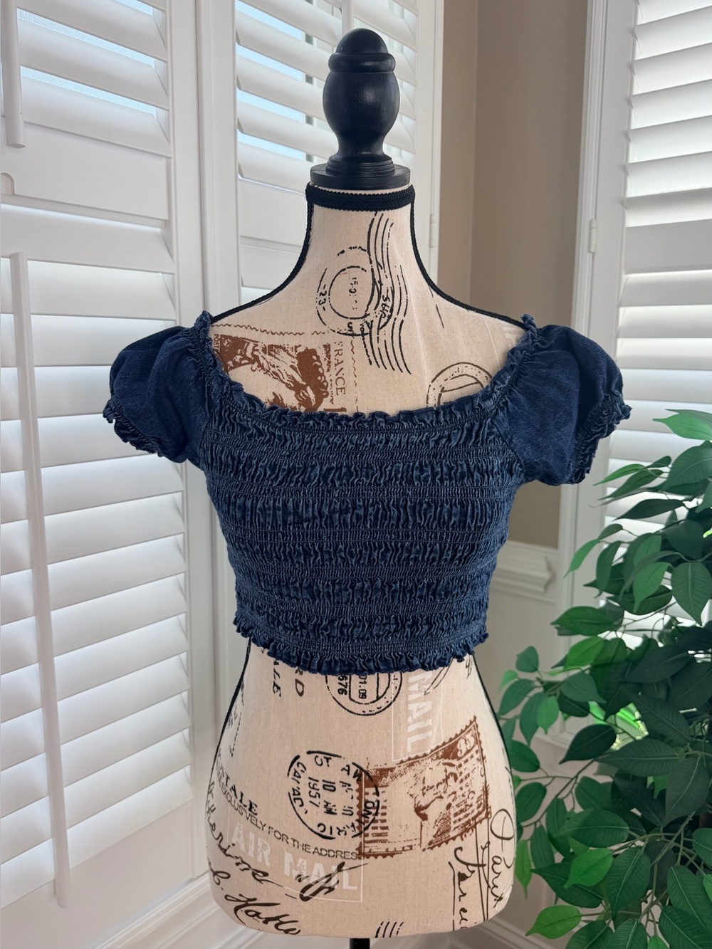 American Eagle Denim Smocked Puff-Sleeve Crop Top Size Small